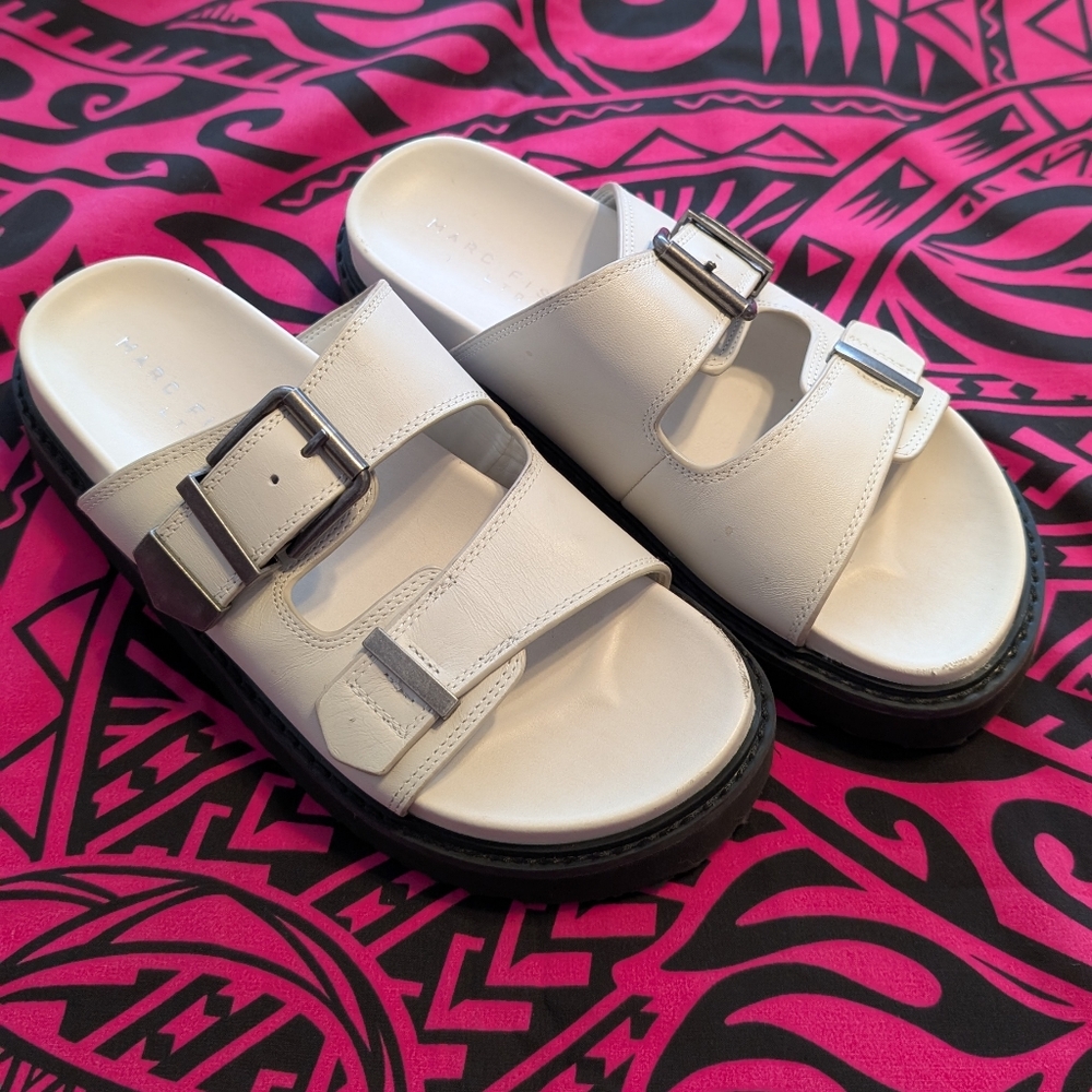 Marc Fisher White Slide Sandals with Buckles